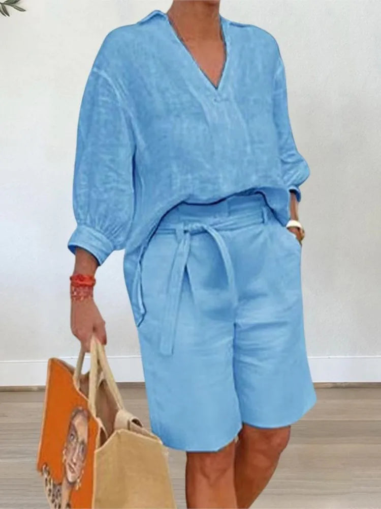 Luchtige & Stijlvolle Tweedelige Linnen Dames Set met Blouse & Shorts – Malea