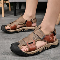 Khaki KleurigeLeren Herensandalen in Romeinse Stijl - Cassian