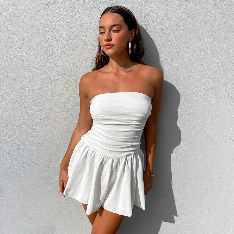 Witte Strapless Mini-jurk met Geplooide Details – Nikki