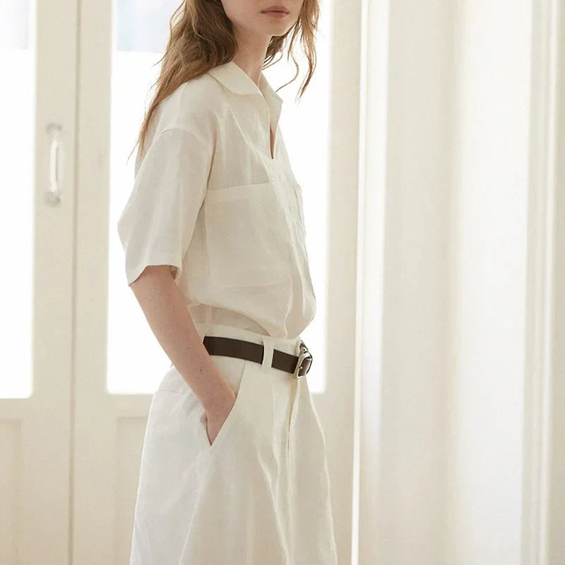 Luchtige & Tijdloze Linnen Damesblouse met Korte Mouwen en V-hals – Milena