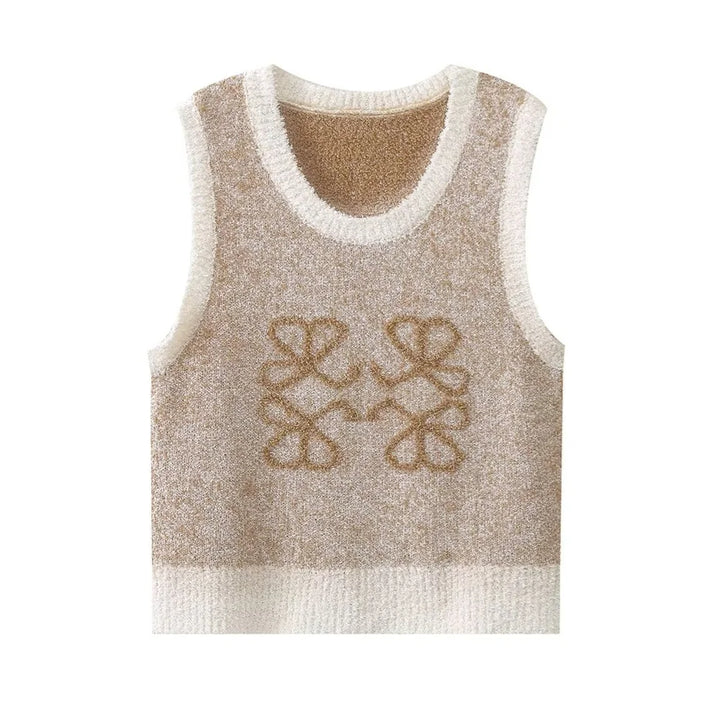 Beige Gebreide Dames Top met Vintage Jacquardpatroon – Mireille
