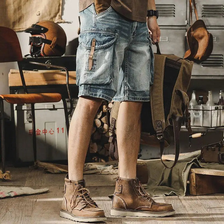 Heren Denim-Cargo-Bermuda in Retro Motorstijl – Ronex