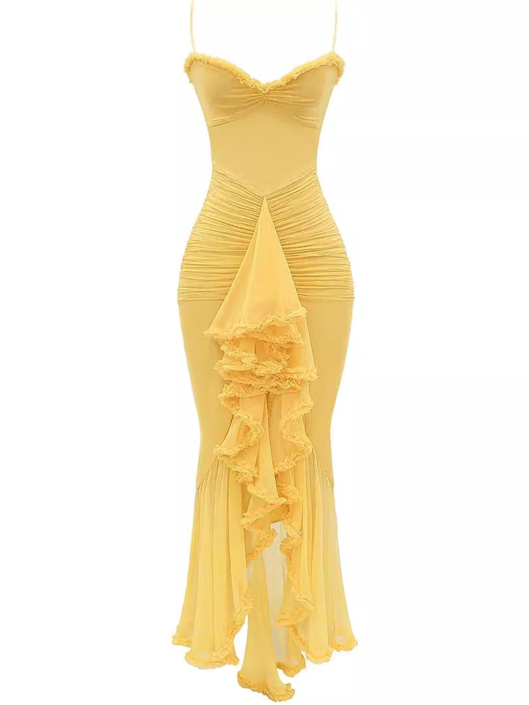 Trendige maxi jurk met ruches en spaghettibandjes - Loyza