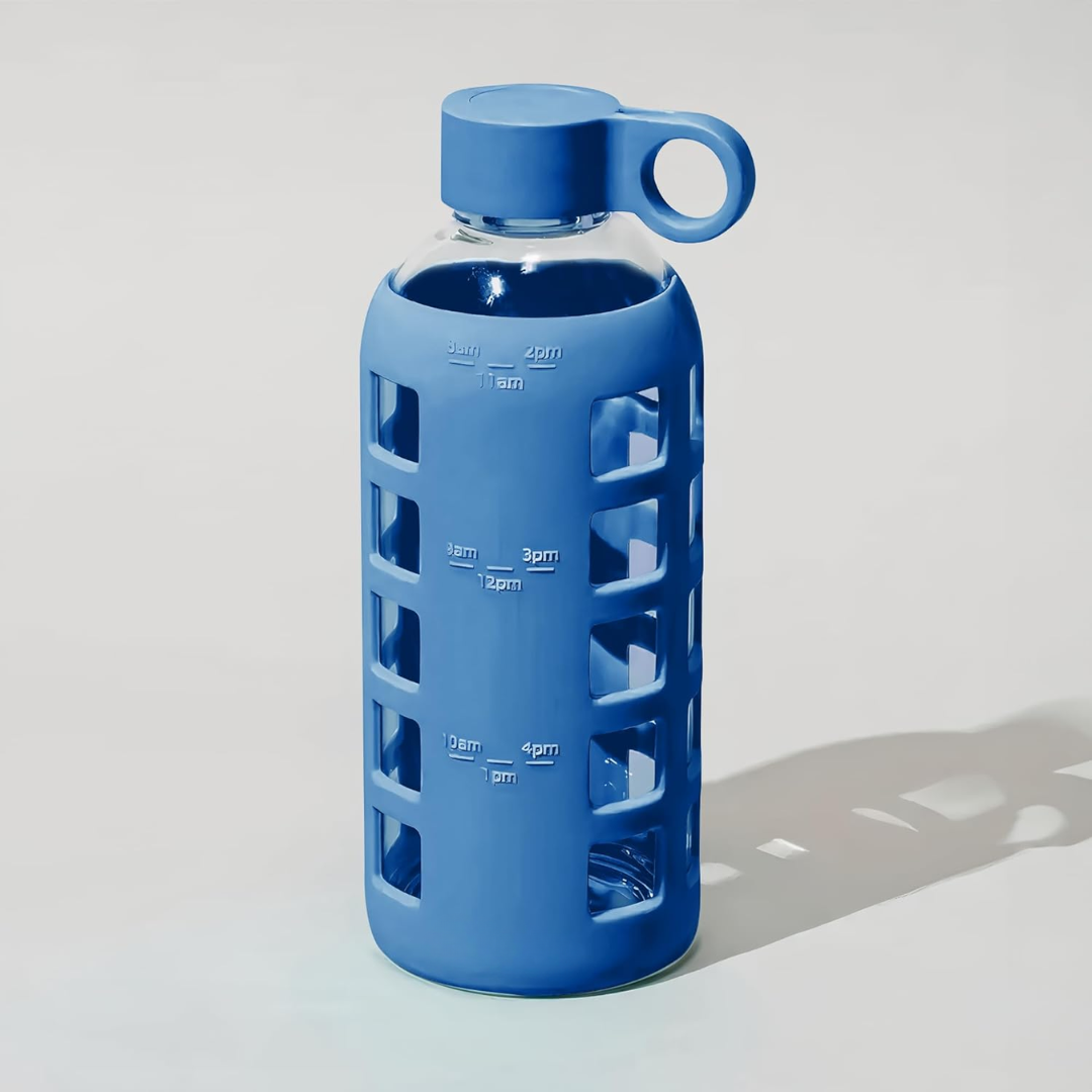 Glazen Waterfles met Tijdmarkeringen & Siliconen Huls