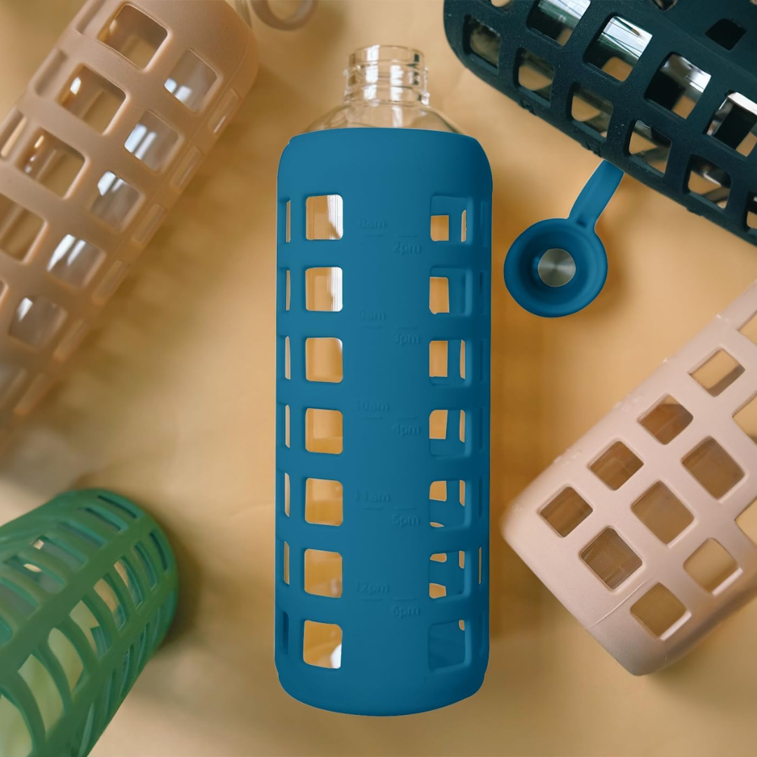 Glazen Waterfles met Tijdmarkeringen & Siliconen Huls