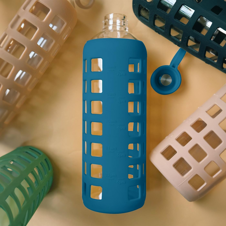 Glazen Waterfles met Tijdmarkeringen & Siliconen Huls