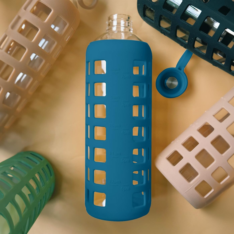 Glazen Waterfles met Tijdmarkeringen & Siliconen Huls