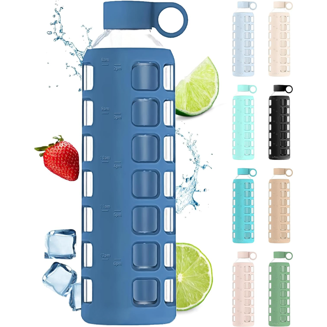Glazen Waterfles met Tijdmarkeringen & Siliconen Huls