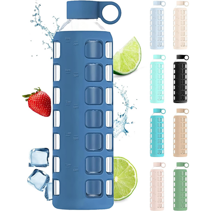 Glazen Waterfles met Tijdmarkeringen & Siliconen Huls