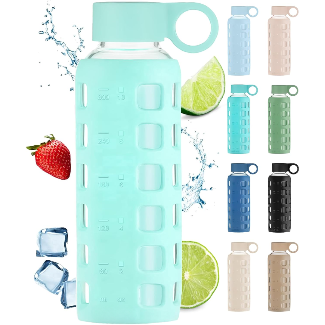 Glazen Waterfles met Tijdmarkeringen & Siliconen Huls