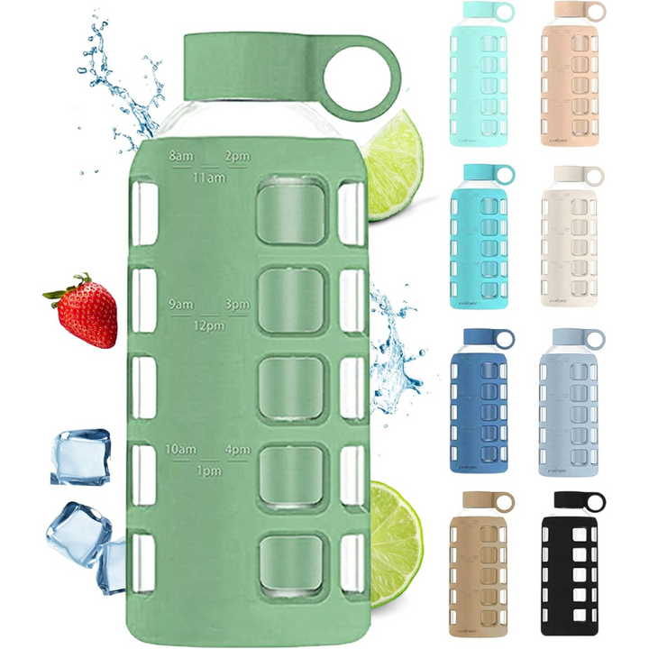 Glazen Waterfles met Tijdmarkeringen & Siliconen Huls