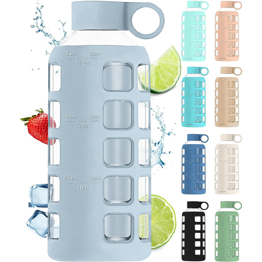 Glazen Waterfles met Tijdmarkeringen & Siliconen Huls
