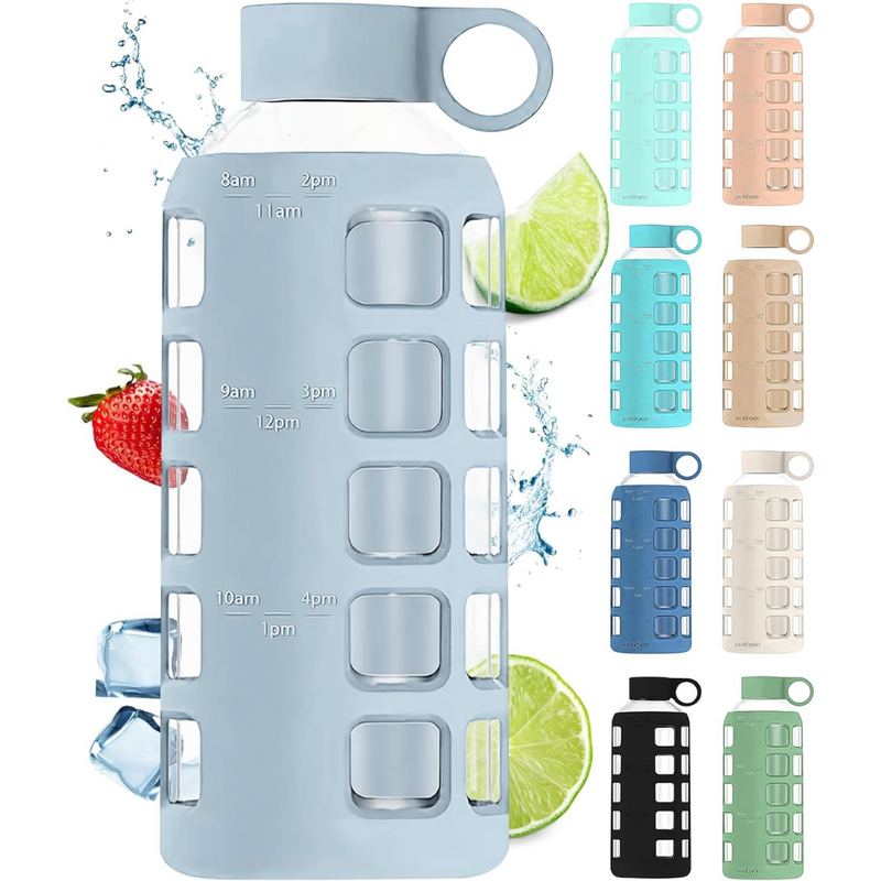 Glazen Waterfles met Tijdmarkeringen & Siliconen Huls