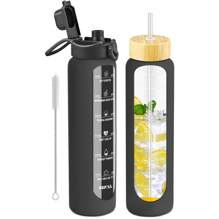 900 ml Motivational Glas Waterfles met Rietje – Lekvrij, BPA-vrij, Herbruikbaar