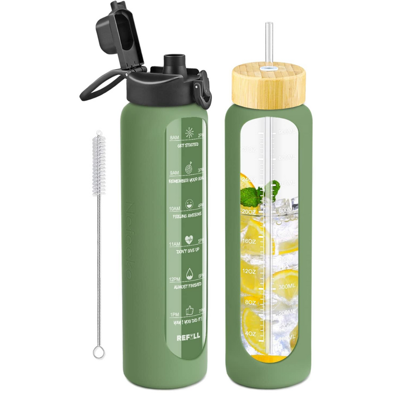 900 ml Motivational Glas Waterfles met Rietje – Lekvrij, BPA-vrij, Herbruikbaar