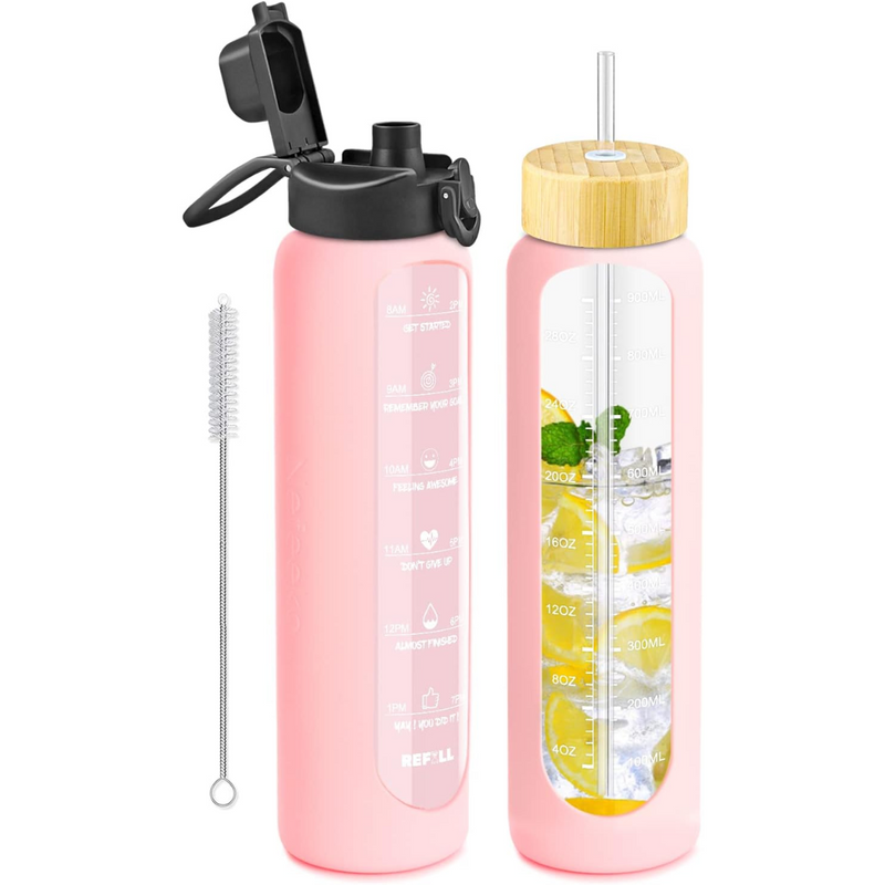 900 ml Motivational Glas Waterfles met Rietje – Lekvrij, BPA-vrij, Herbruikbaar