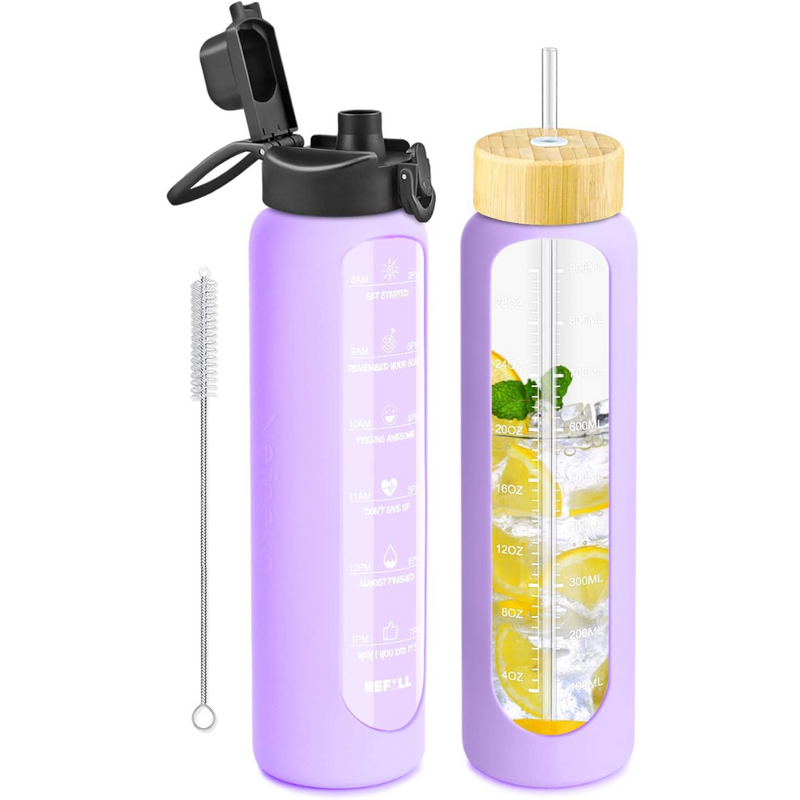 900 ml Motivational Glas Waterfles met Rietje – Lekvrij, BPA-vrij, Herbruikbaar