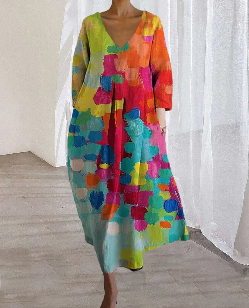 Kim™ Kleurrijke Zomerjurk met V-Hals – Luchtig, Vrouwelijk & Perfect Voor Warme Dagen