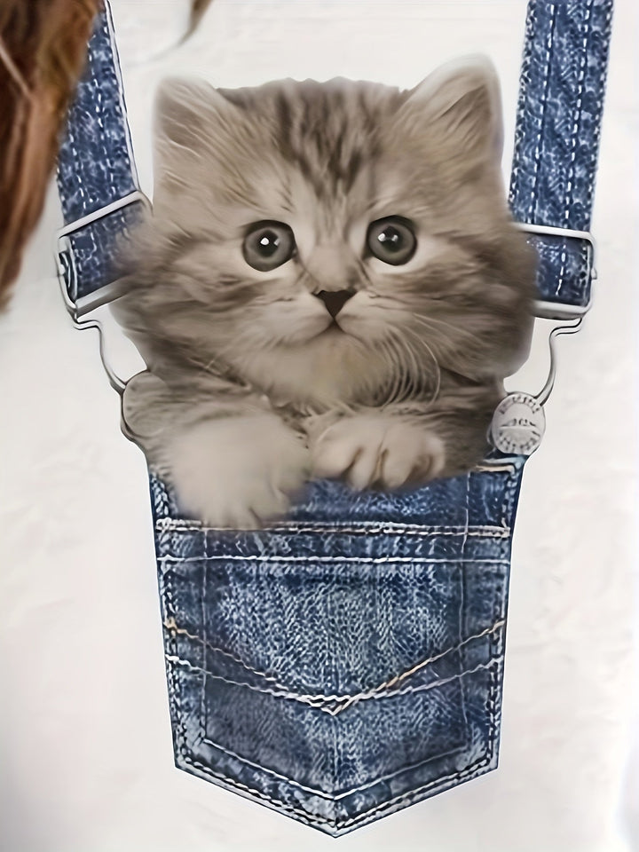 Koszulka z nadrukiem kotów i modnymi detalami w blokach kolorów - Celeste