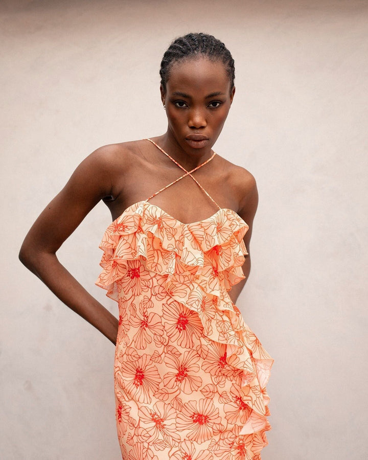 Chiffon Maxi-Jurk met Ruches en Gekruiste Halslijn – Elenna