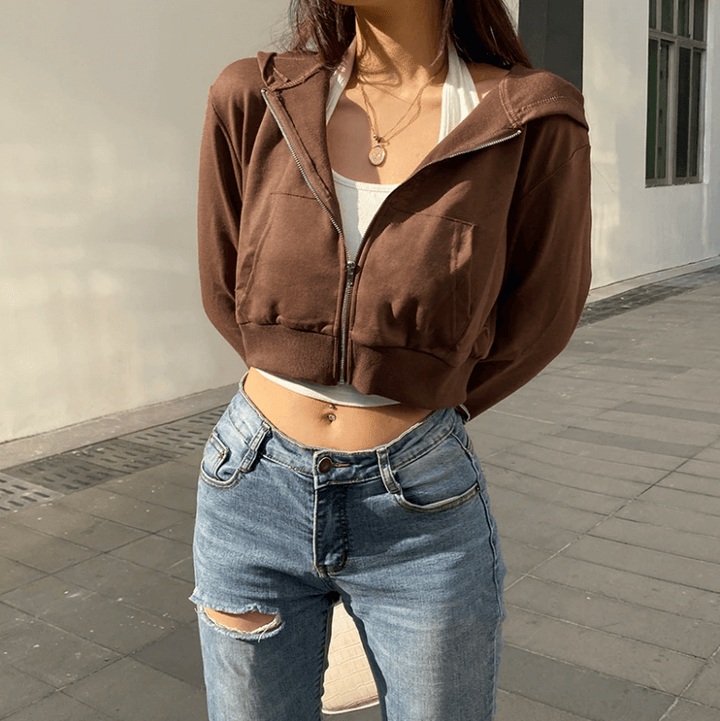 Trendy figuurlijke dames cropped zip-up hoodie met capuchon - Alina