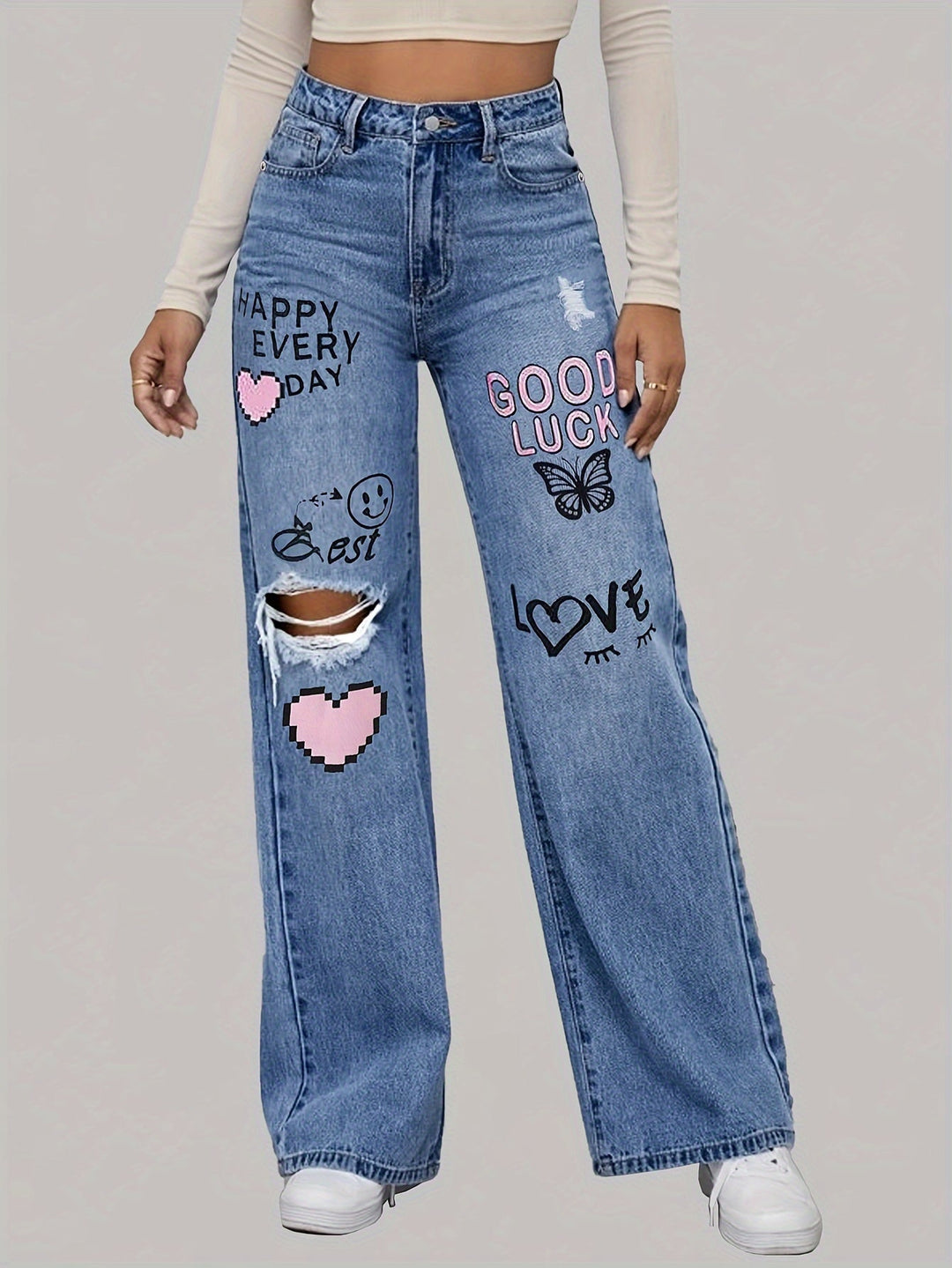 Dames Jeans met Hartjes- en Graffitiprint - Lotte