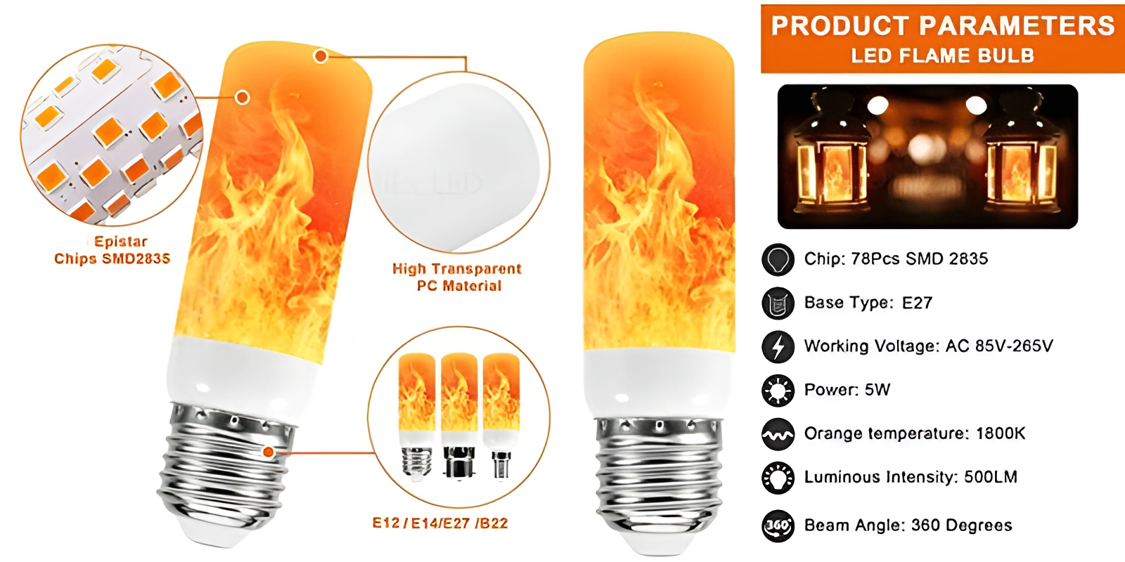 USB LED FLAME EFFECT LAMP - 9W SIMULATED FLAME BULB