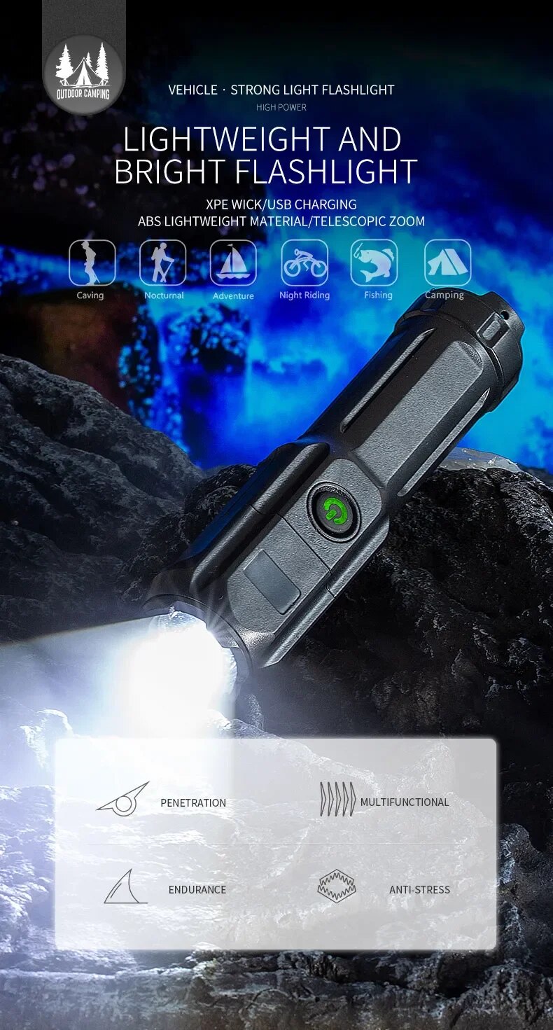 STERKE LED-ZAKLAMP MET ZOOM - USB OPLAADBARE CAMPING ZAKLAMP