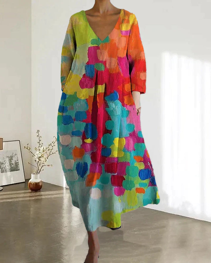 Kim™ Kleurrijke Zomerjurk met V-Hals – Luchtig, Vrouwelijk & Perfect Voor Warme Dagen