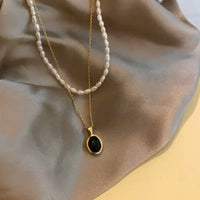Zwarte Onyx en Parel Stapelketting - Aria