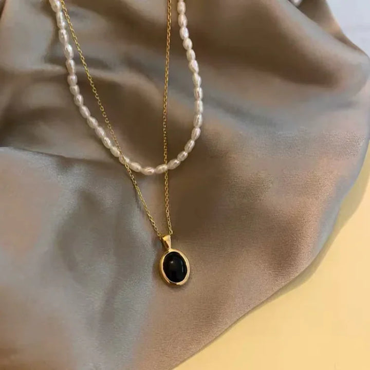 Zwarte Onyx en Parel Stapelketting - Aria