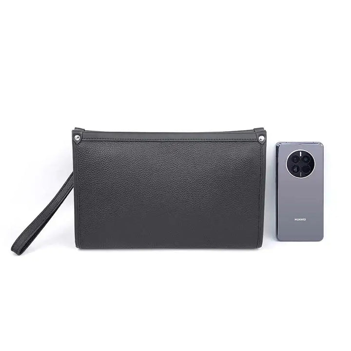 Męska kopertówka z prawdziwej skóry z zamkiem na odcisk palca – czarna