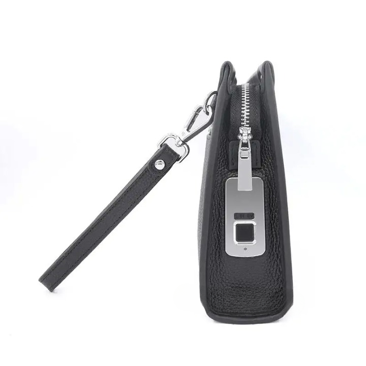 Męska kopertówka z prawdziwej skóry z zamkiem na odcisk palca – czarna