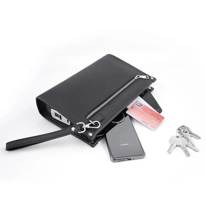 Męska kopertówka z prawdziwej skóry z zamkiem na odcisk palca – czarna