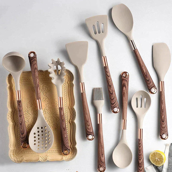 Keukengereedschap van Voedselveilig Siliconen met Houten Handvat - KitchenElegance