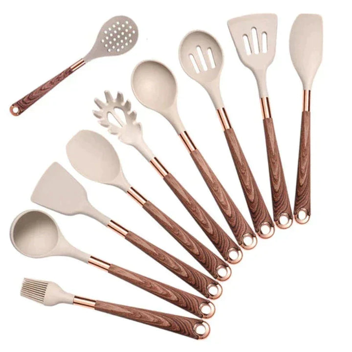 Keukengereedschap van Voedselveilig Siliconen met Houten Handvat - KitchenElegance