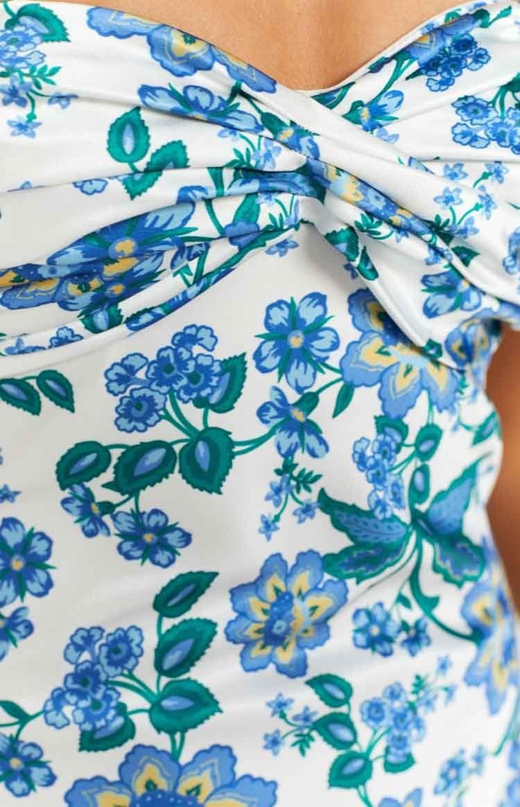 Geknoopte Kokerjurk met Blauwe Bloemenprint – Mireva