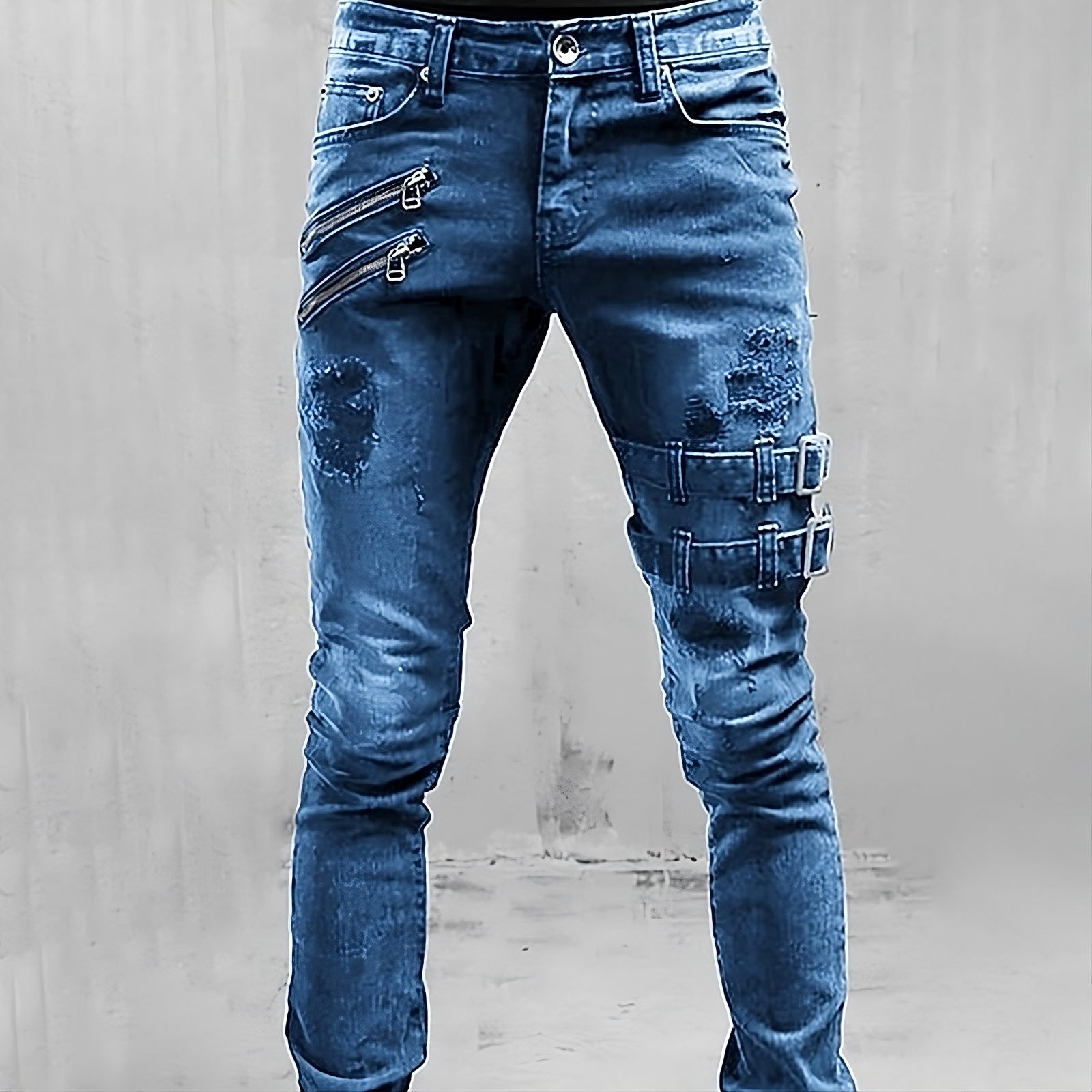 Heren Denim Jeans met Gespen en Ritsen - TitanEdge