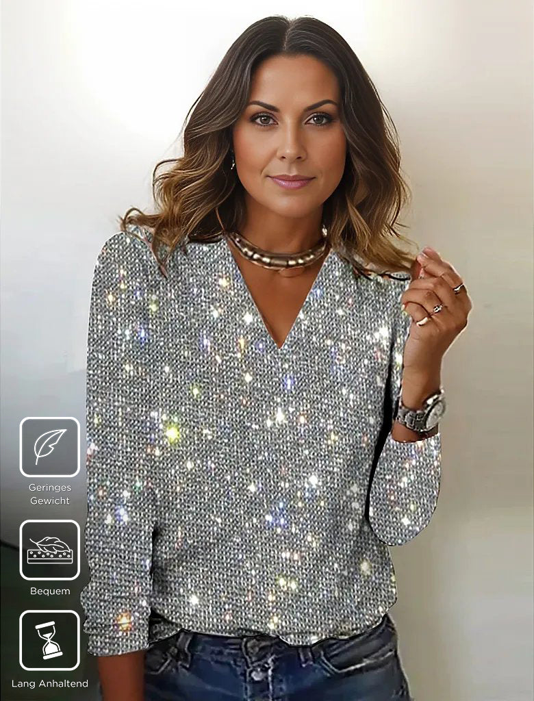 Glimmende Zilveren Disco-Glitter V-Hals Longsleeve - GlamFrost