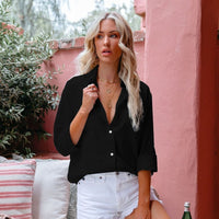 Linnen-katoenen damesblouse met borstzak en staande kraag - Malani