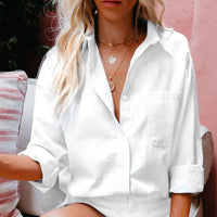 Linnen-katoenen damesblouse met borstzak en staande kraag - Malani