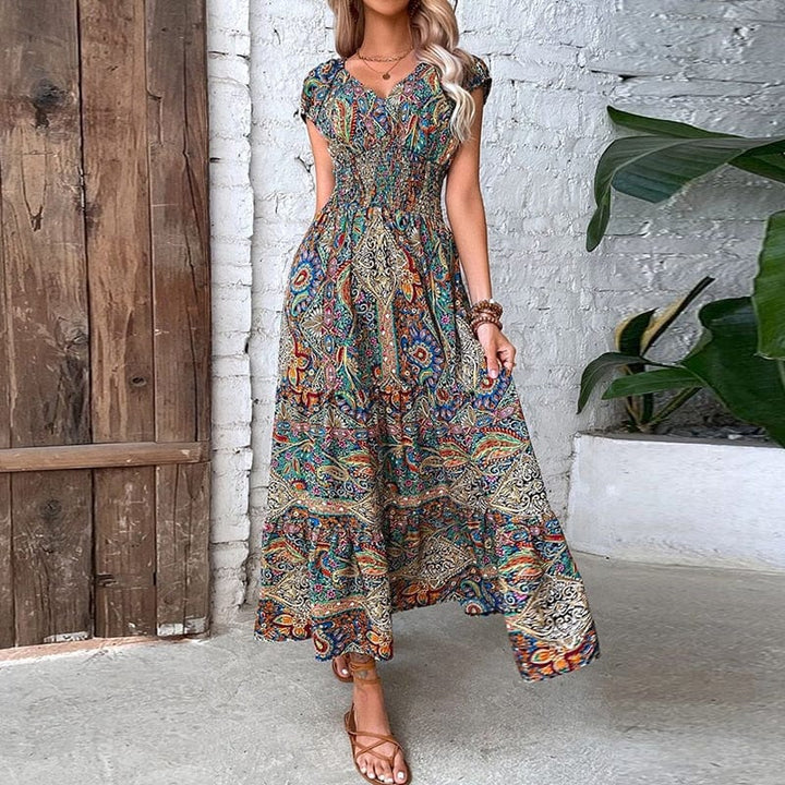Luchtige dames maxidress met boho print & V-hals - Nayeli