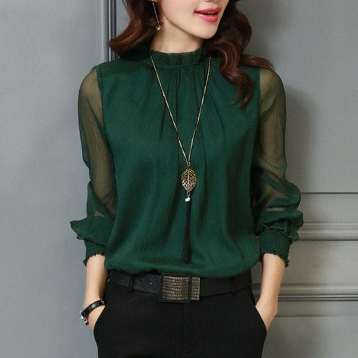 Stijlvolle dames chiffon blouse met ruches en transparante mouwen – Elina