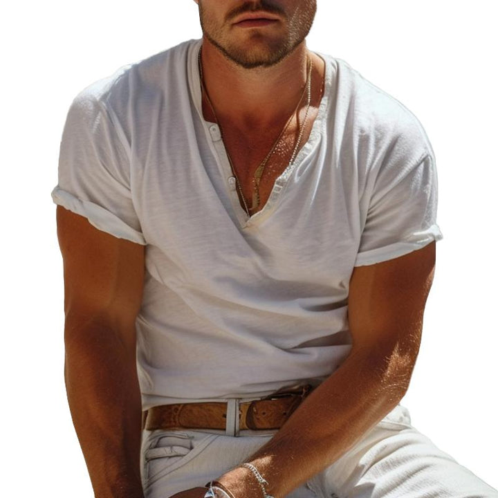 Casual Henley Kraag Henley T-shirt met Korte Mouwen – Nico