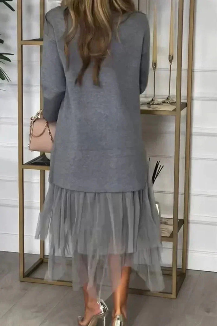 Casual Jurk Met Lange Mouwen En Mesh Rok – Ysolde