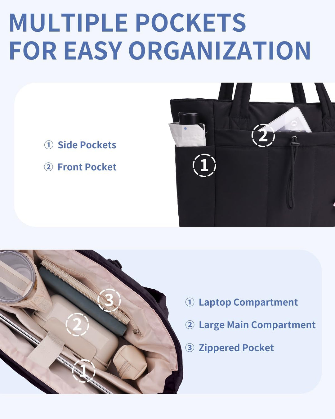 Gewatteerde Puffer Schoudertas met Bekerhouder & Laptop Sleeve voor Reizen en Werk