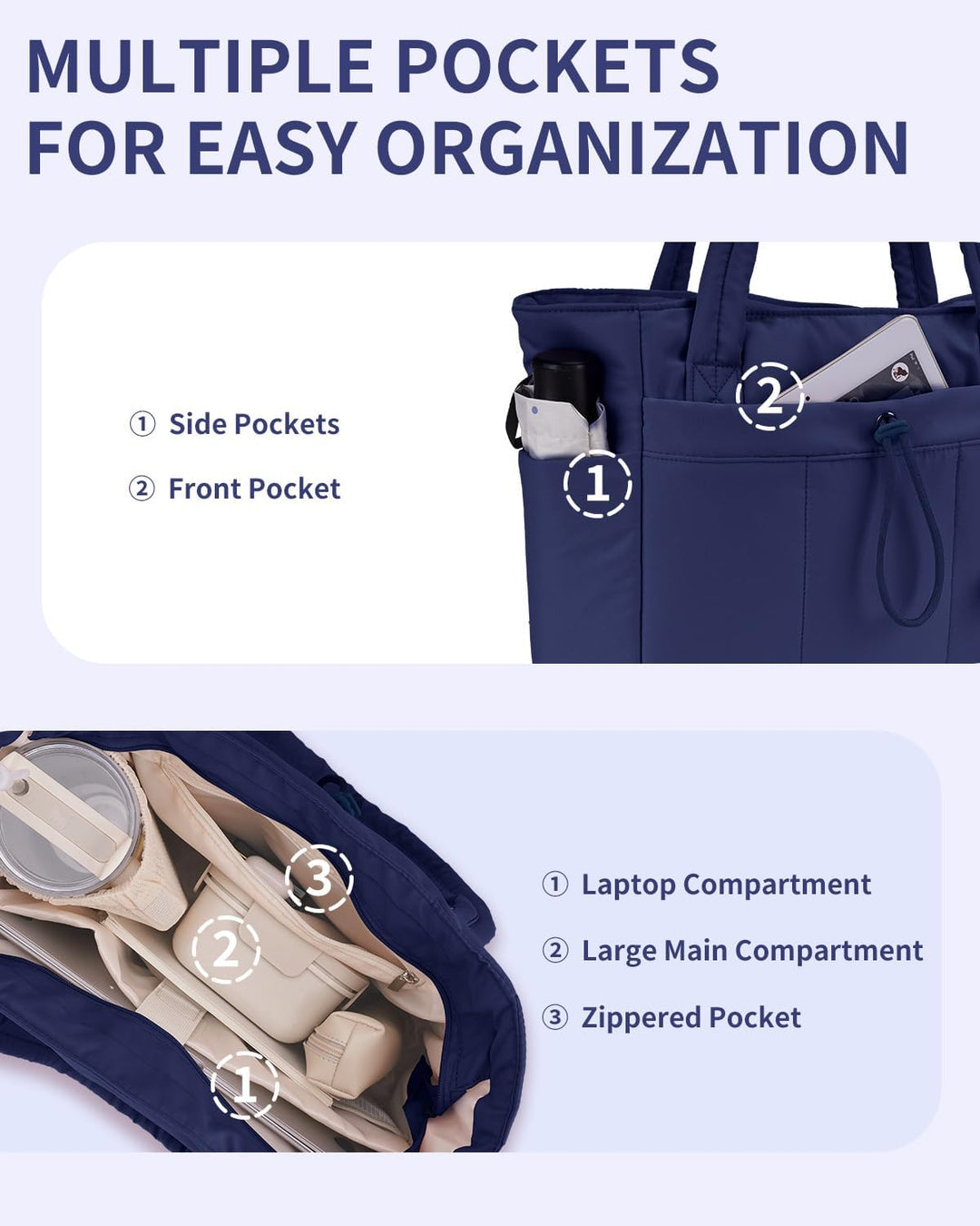 Gewatteerde Puffer Schoudertas met Bekerhouder & Laptop Sleeve voor Reizen en Werk