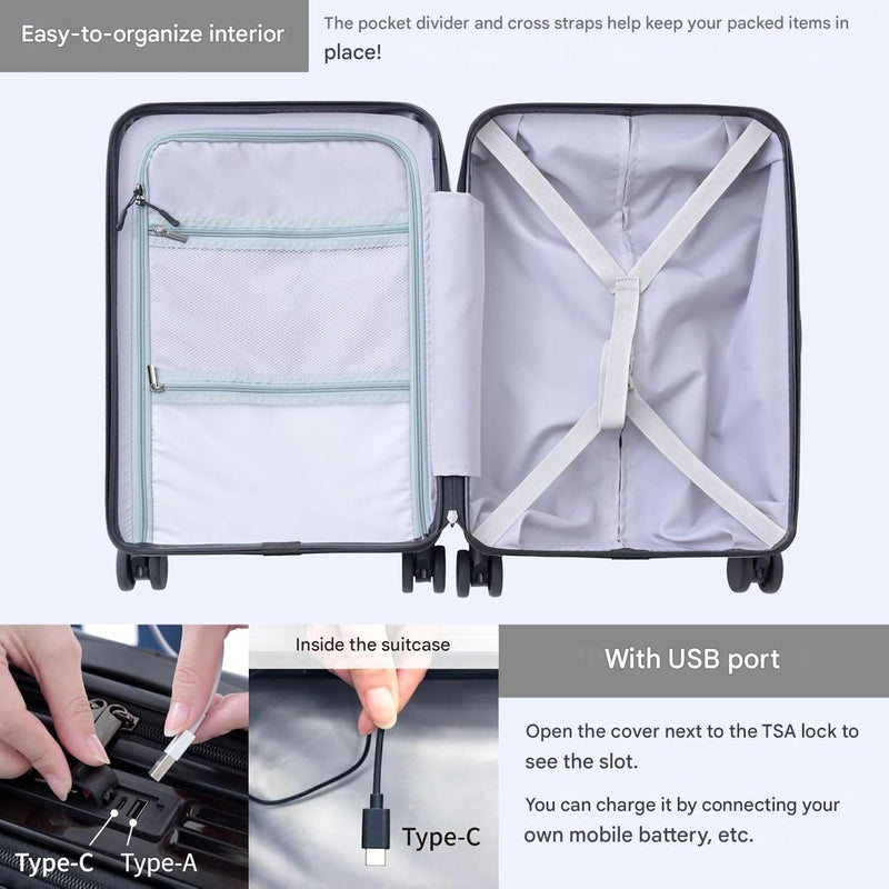Front-Opening Carry-On Koffer met USB-poort en Drinkhouder