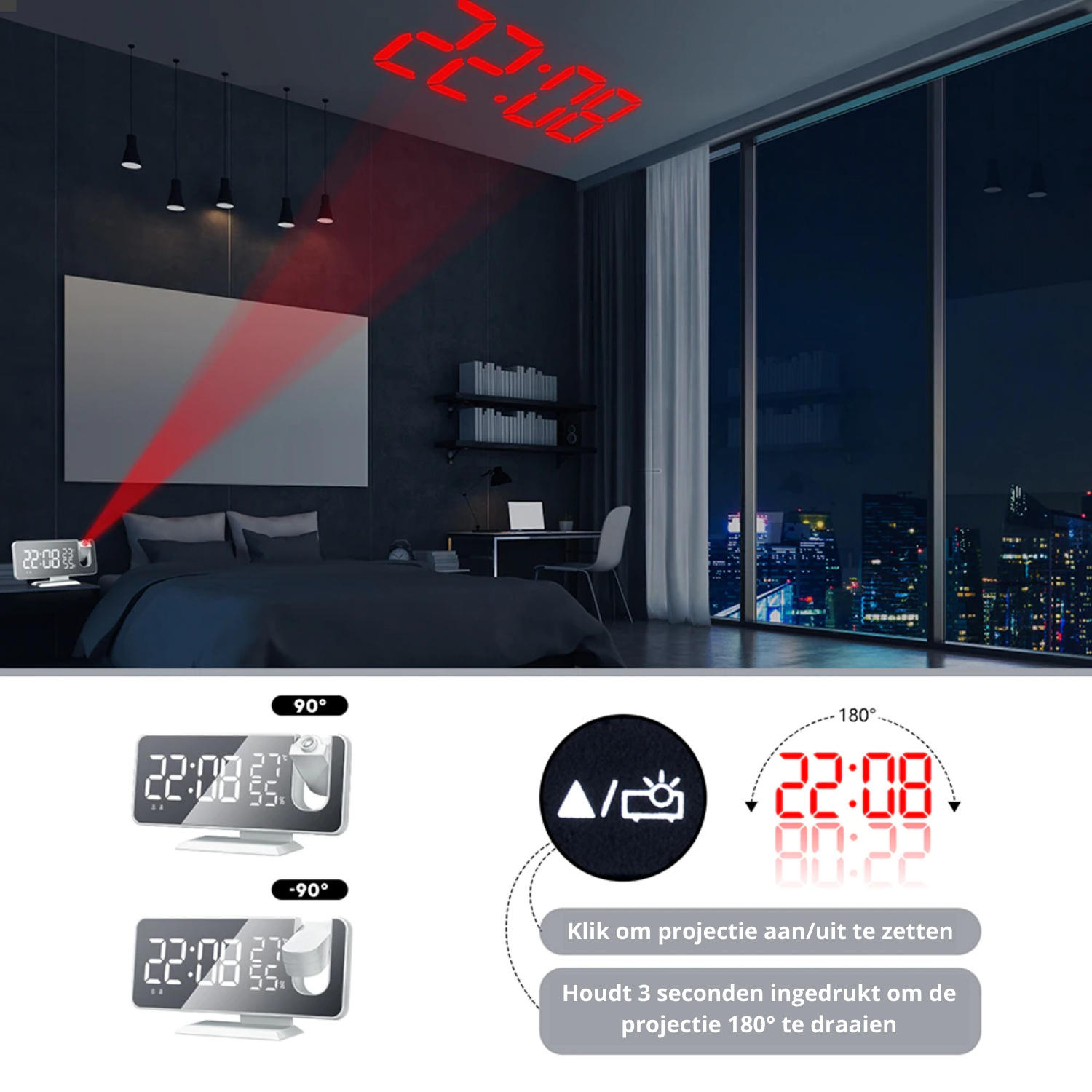 Vardi Dante™ Astronatic™ | De Beste Alarmklok met LED Scherm - 180° Projector - USB lader