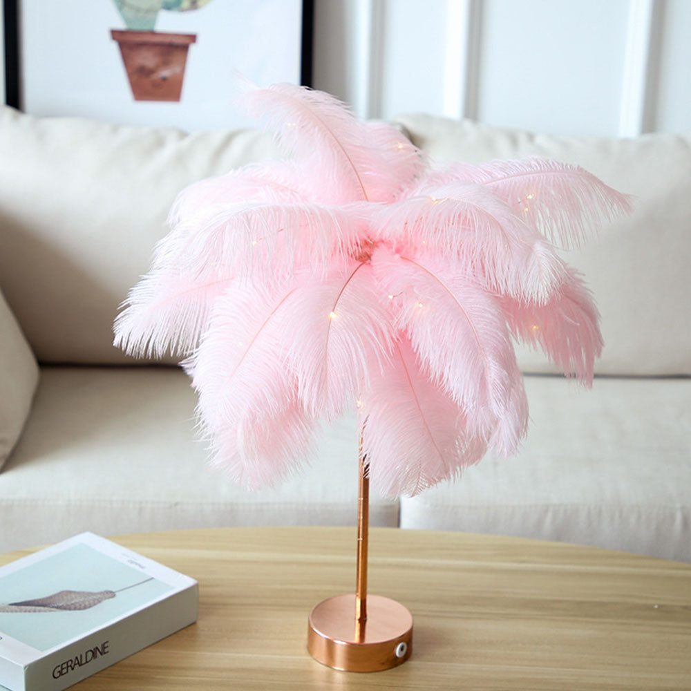 Ostrich Nachtlampje | Excentrieke lamp met veren & rosegouden voet